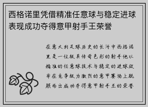 西格诺里凭借精准任意球与稳定进球表现成功夺得意甲射手王荣誉